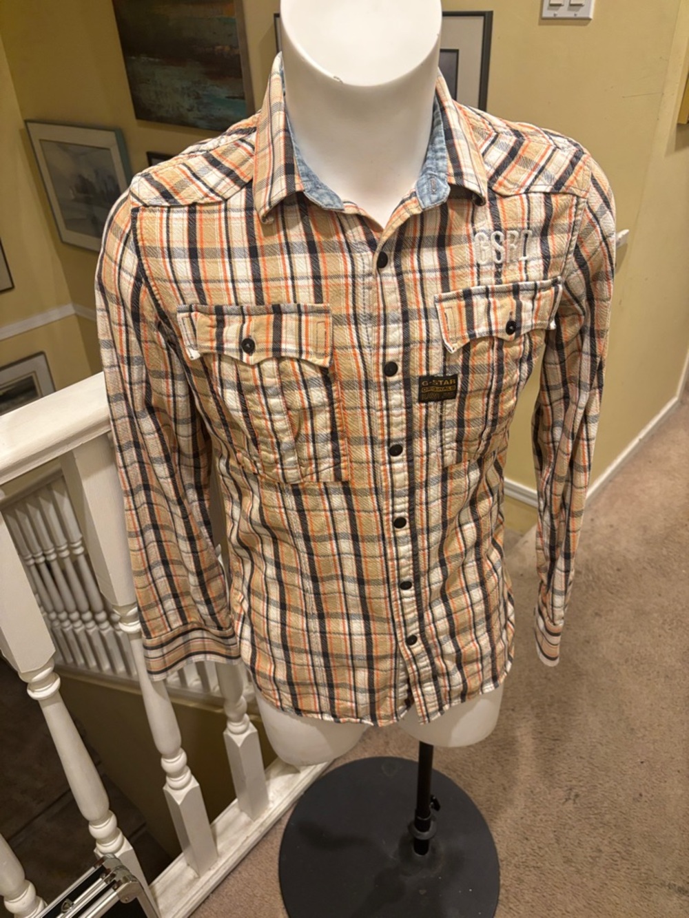 G-Star Orange and Blue Plaid Long-Sleeve Button-Down Shirt